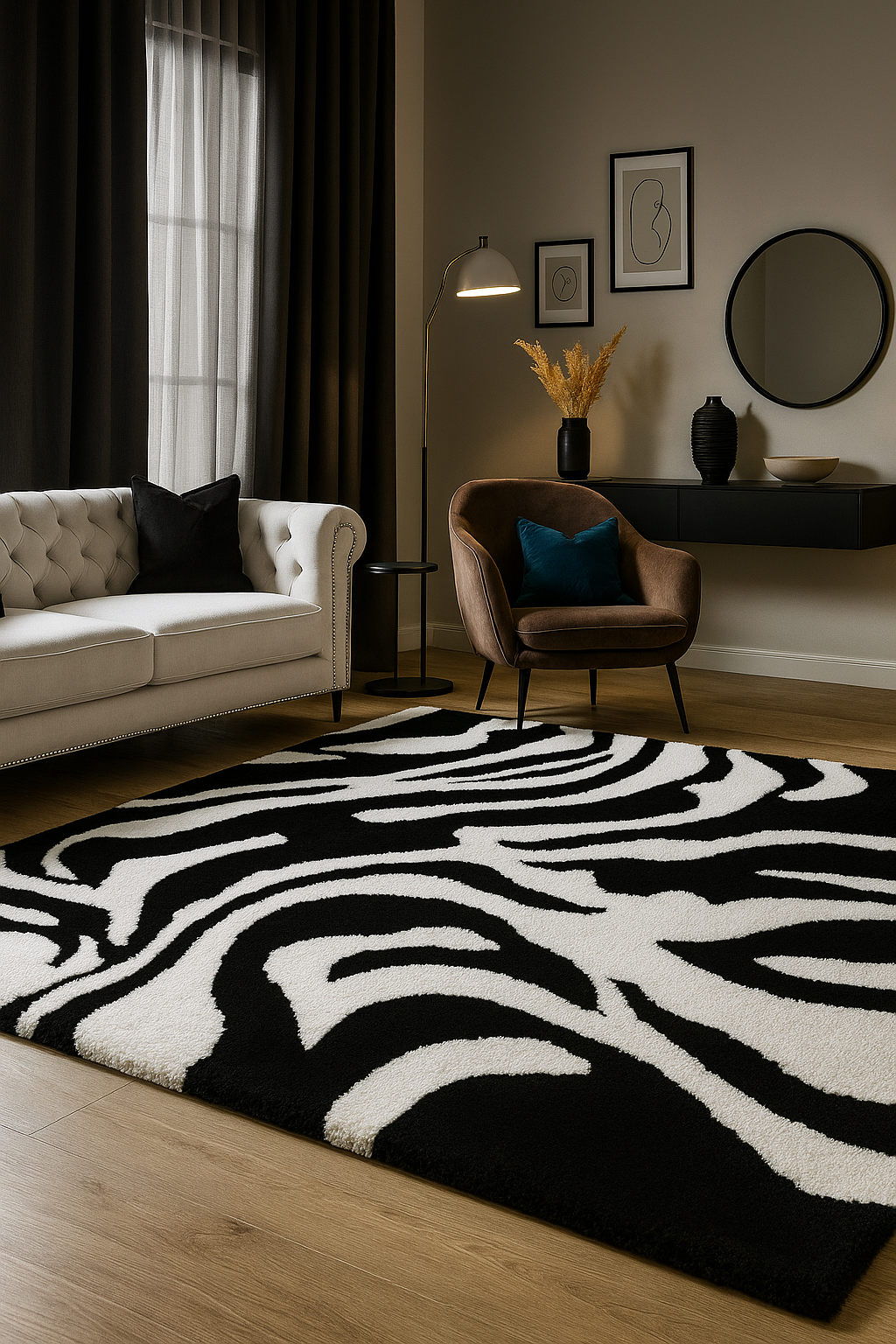 Black & White Zebra Print Shaggy Rug – Modern Animal Pattern Carpet