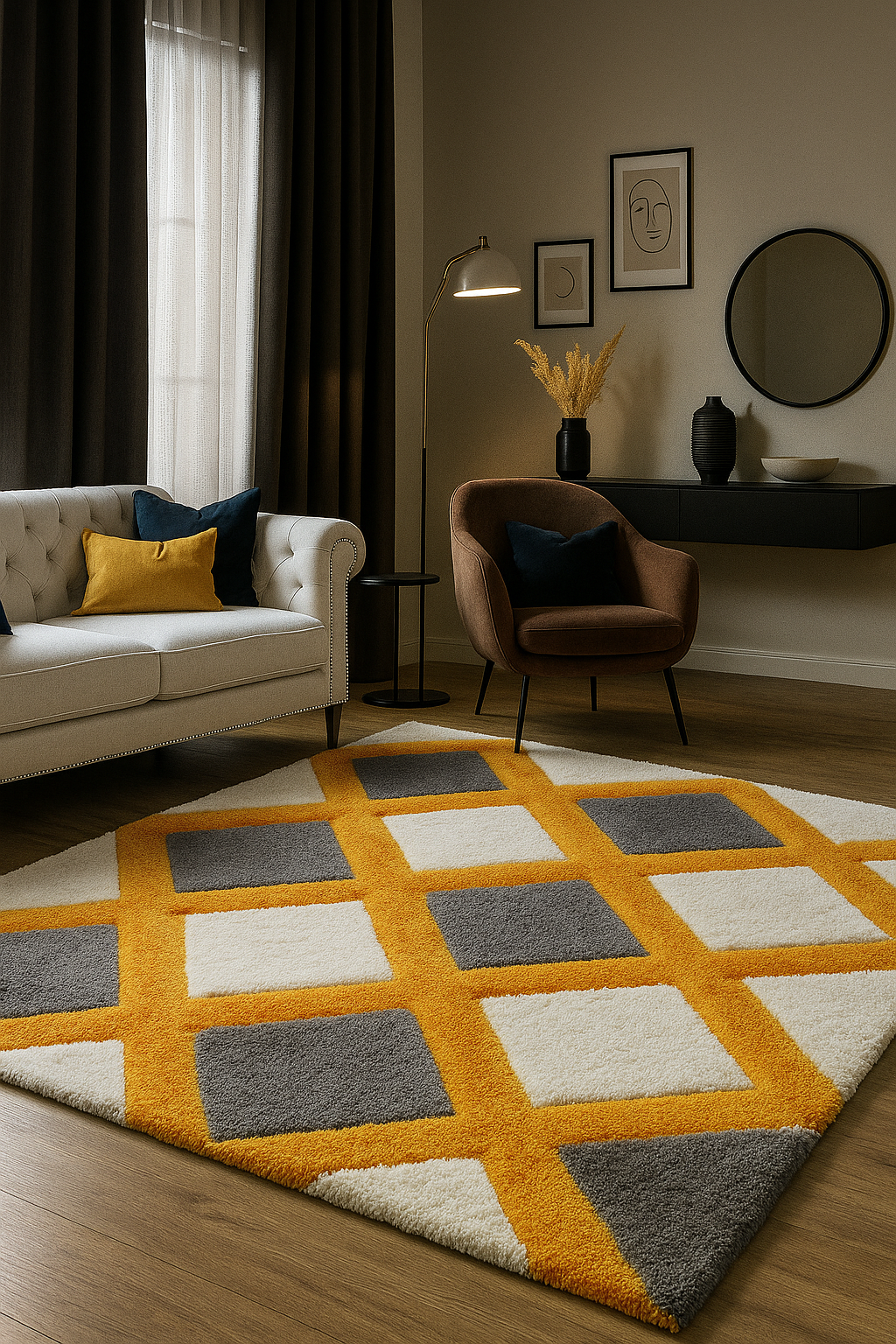 Modern Checkered Area Rug – Mustard Yellow, Grey & White Grid Pattern Carpet