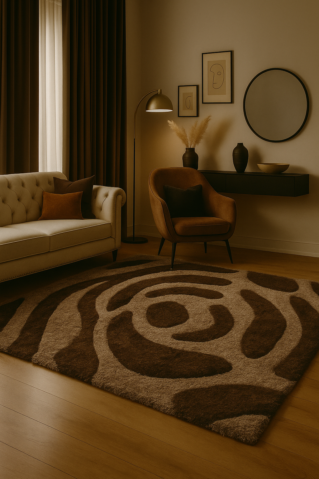 Modern Abstract Shaggy Rug in Brown & Beige – Soft Plush Geometric Carpet for Living Room & Bedroom