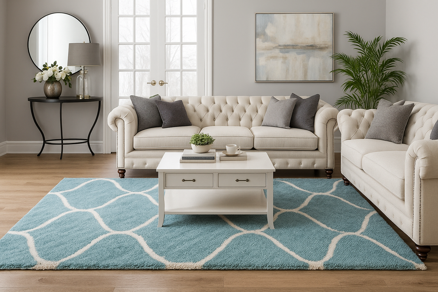 Shaggy rug in aqua blue & white. Soft, plush, and modern – perfect for living rooms, bedrooms, and cozy spaces.
