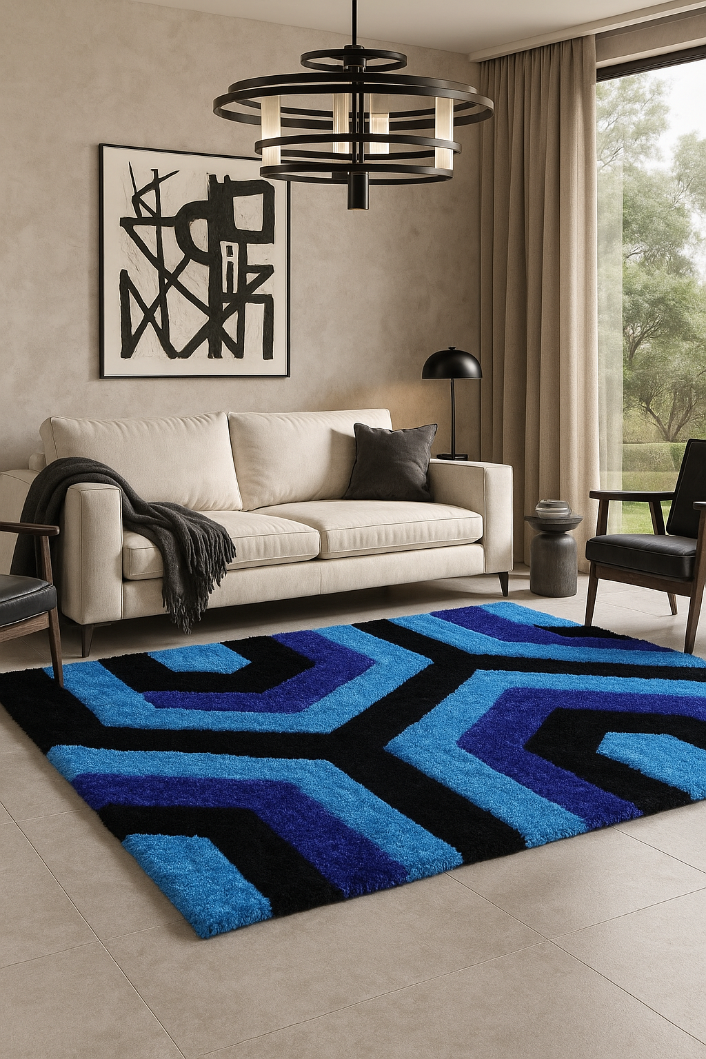 Modern Geometric Area Rug – Plush Blue & Black Statement Design