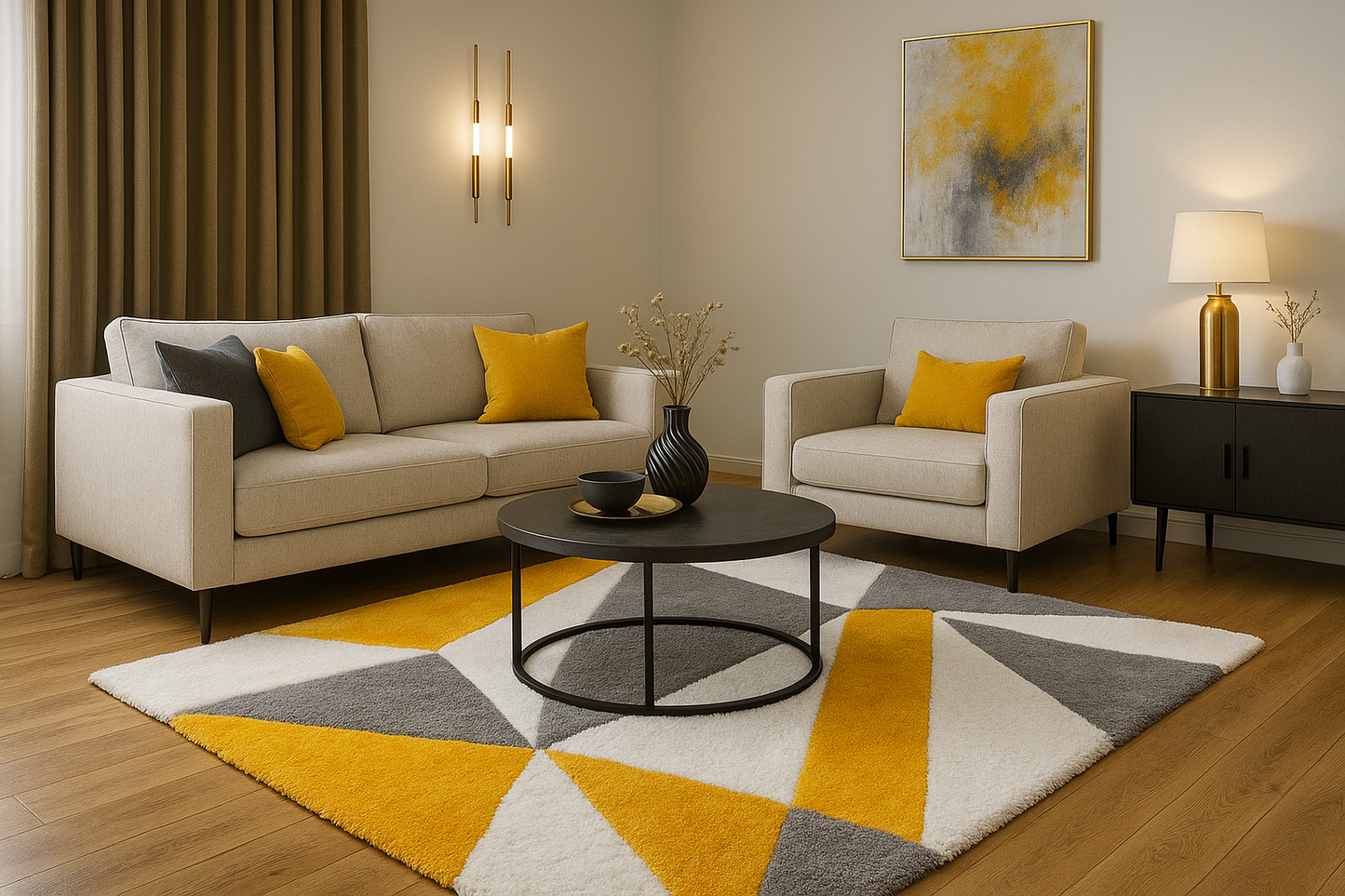 Modern Geometric Shaggy Rug – Mustard Yellow, Grey & White Accent Carpet for Living Room
