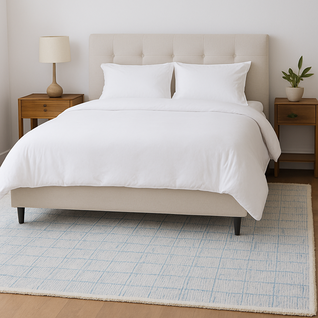 Handmade Blue & Ivory Textured Area Rug – 5x8 Soft Modern Minimalist Carpet for Living Room or Bedroom Decor