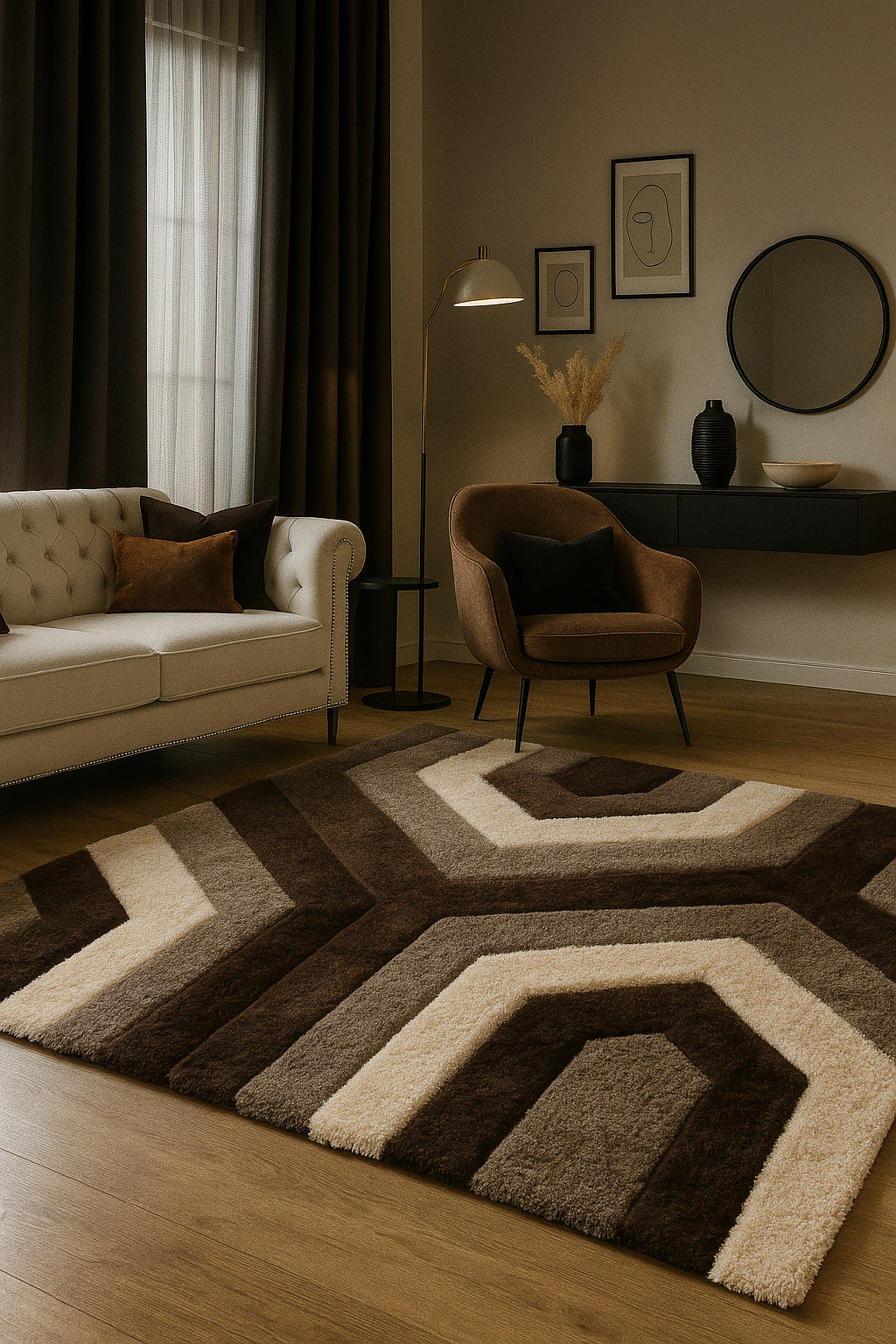 Modern Hexa-Style Neutral Shag Rug