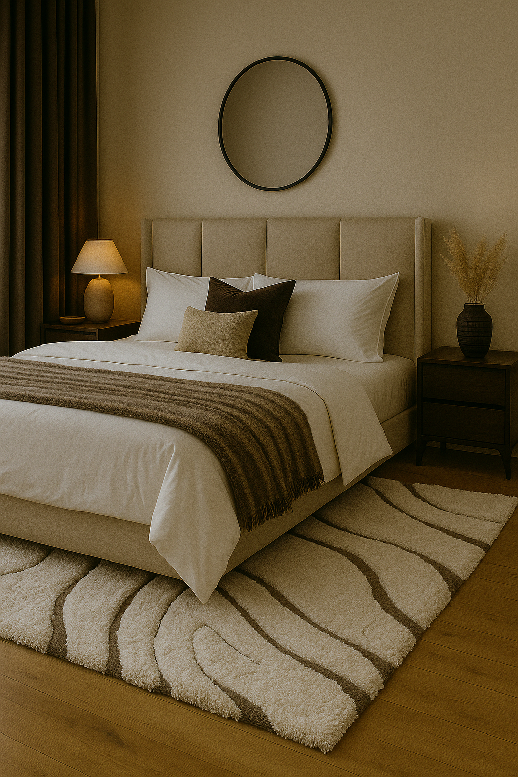 Modern Shaggy Rug in Ivory & Brown – Abstract Wave Pattern, Soft Plush Carpet for Living Room & Bedroom