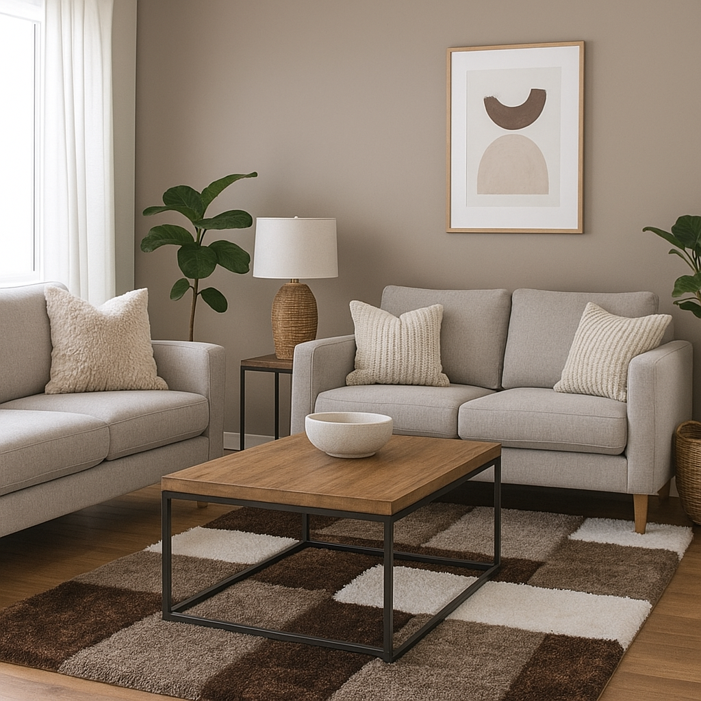 Modern Geometric Block Shaggy Rug – Soft Plush Carpet in Brown, Beige & White for Living Room & Bedroom
