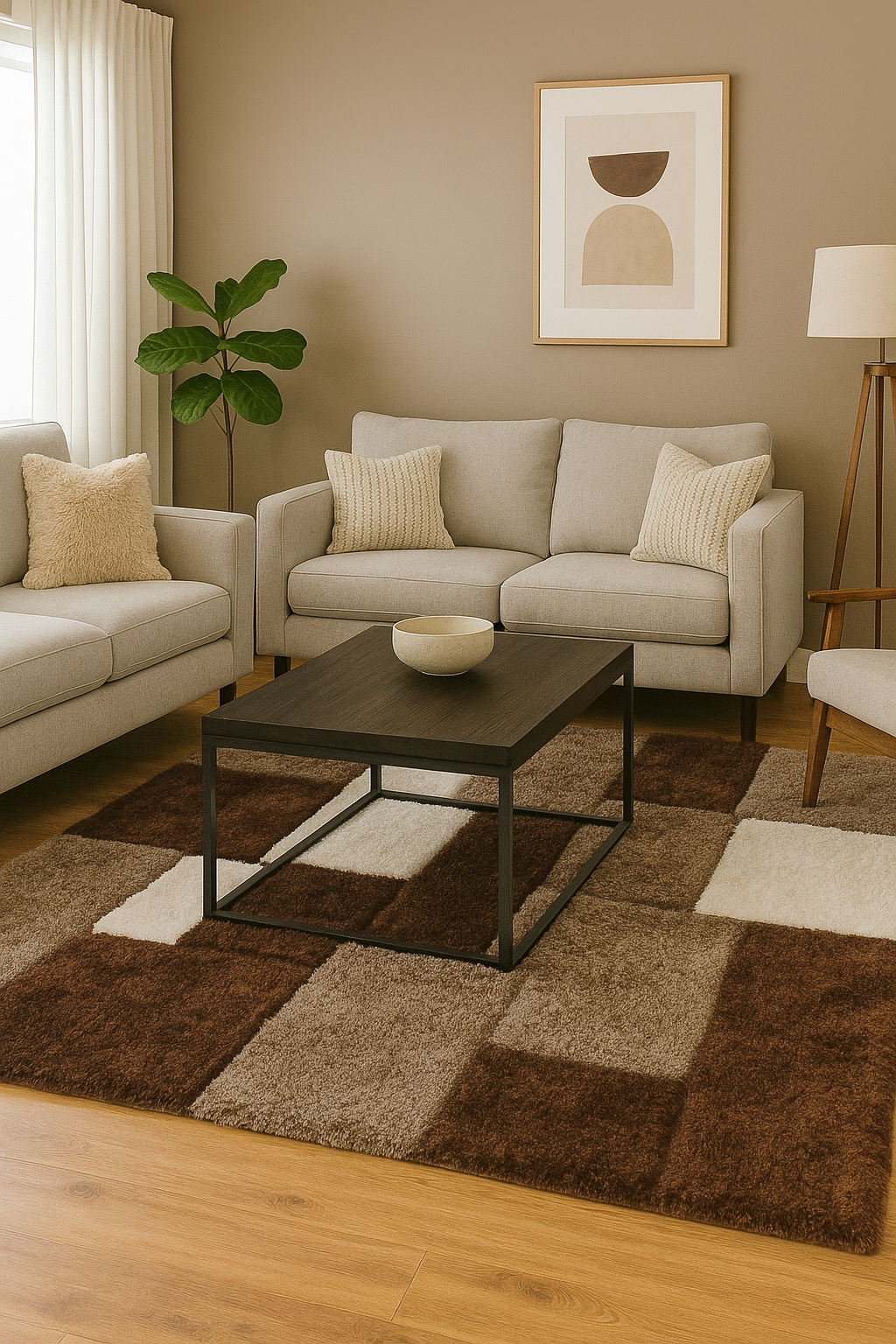Modern Geometric Block Shaggy Rug – Soft Plush Carpet in Brown, Beige & White for Living Room & Bedroom