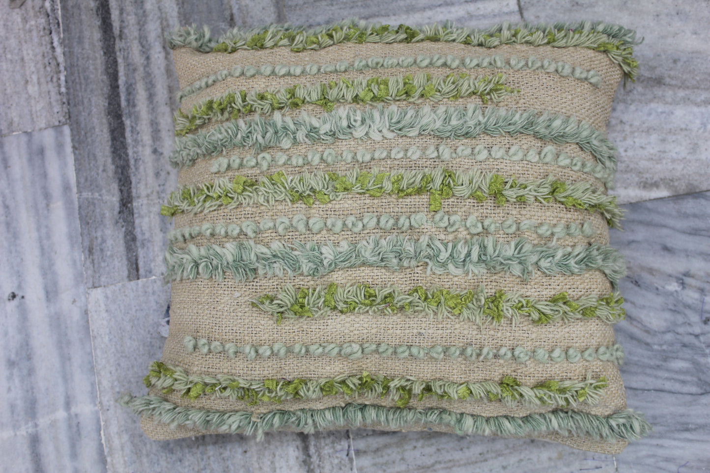 JUTE CUSHION COVER WITH CUSHION HAVING GREEN AND LIGHT BLUE LINE