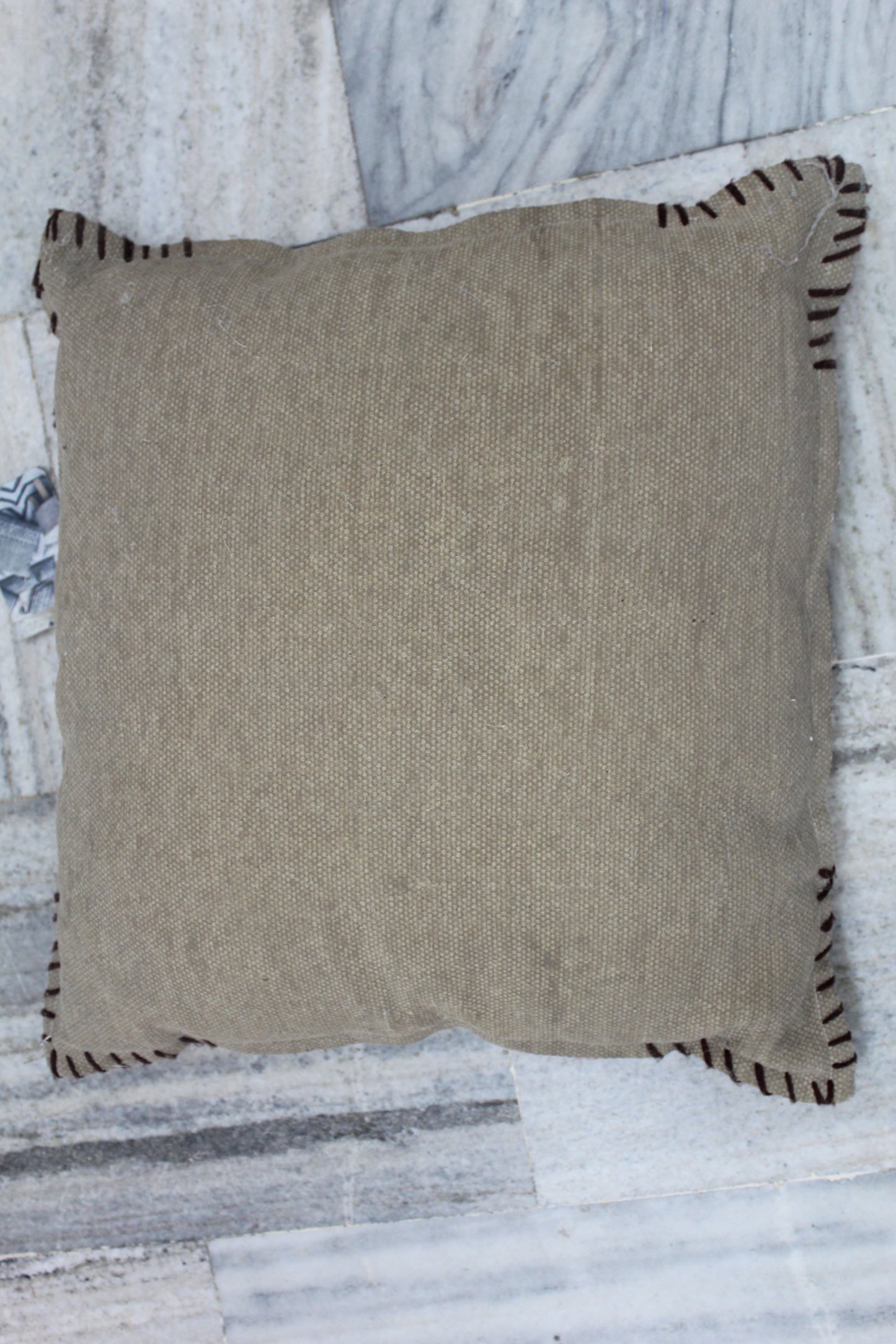 JUTE CUSHION COVERS WITH CUSHION HAVING BLACK STRIPS AT CORNERS