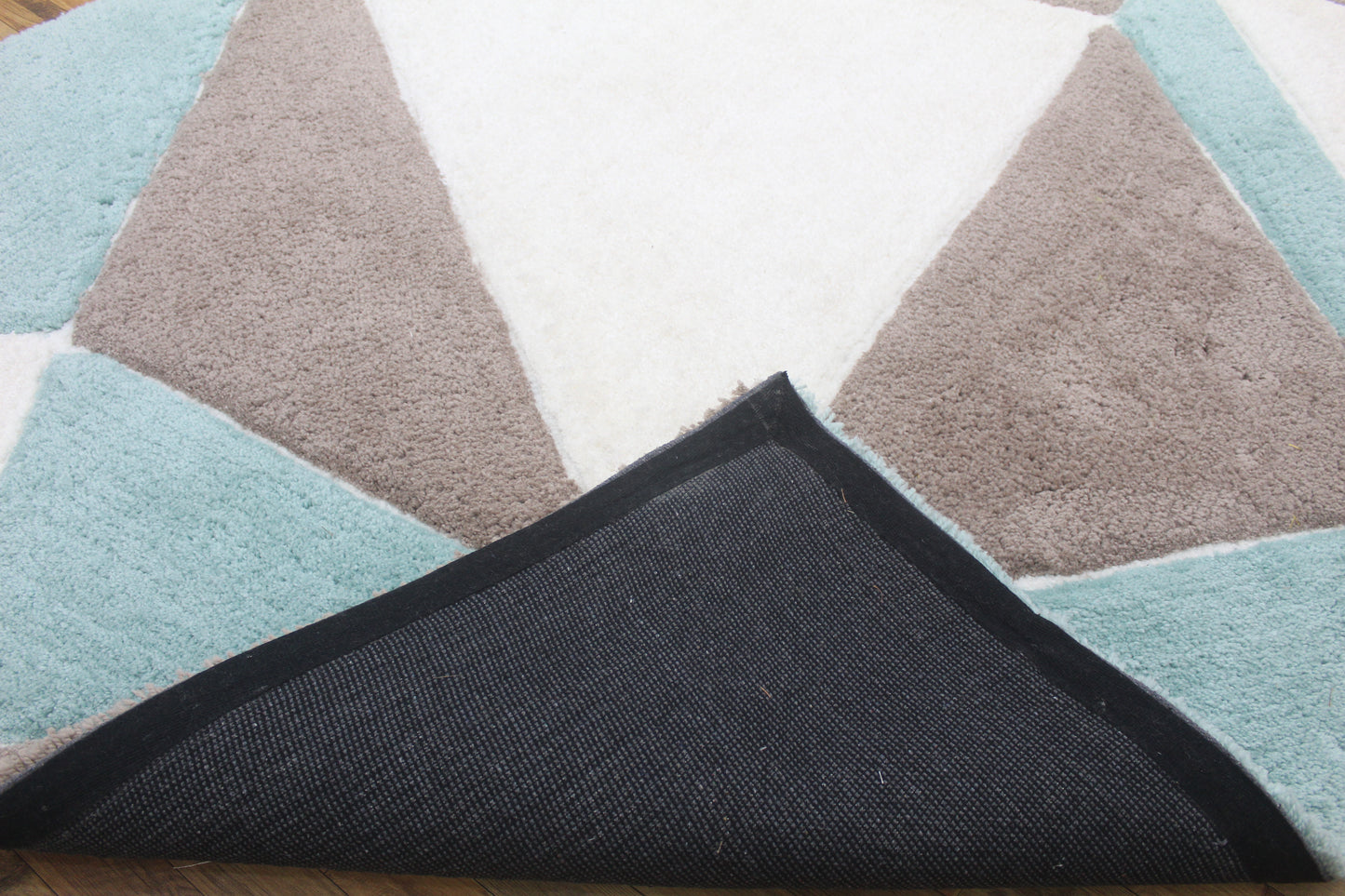 Modern Geometric Area Rug – Teal, Brown & Beige Triangular Pattern Carpet