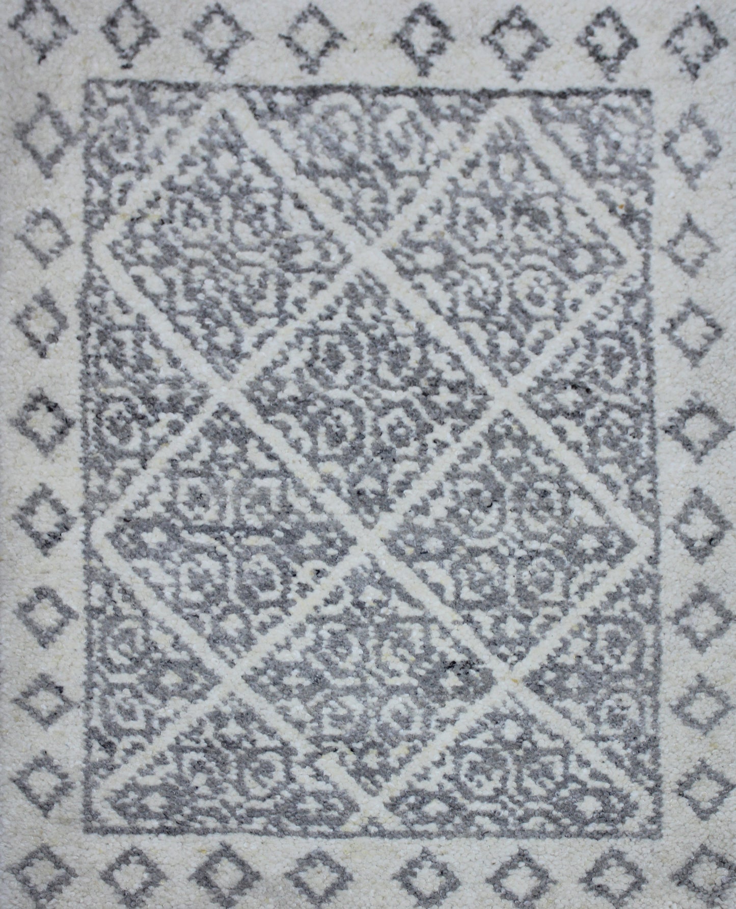 Ivory and Charcoal Hand Knotted Geometrical Design 2x4 wool area rug