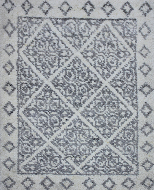 Ivory and Charcoal Hand Knotted Geometrical Design 2x4 wool area rug