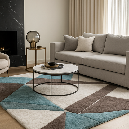 Modern Geometric Area Rug – Teal, Brown & Beige Triangular Pattern Carpet