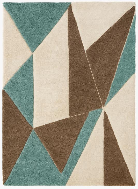Modern Geometric Area Rug – Teal, Brown & Beige Triangular Pattern Carpet