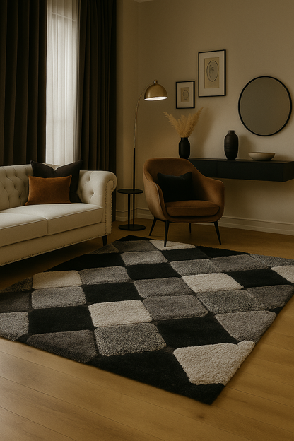 Modern Checkered Shaggy Rug – Black, Grey & White