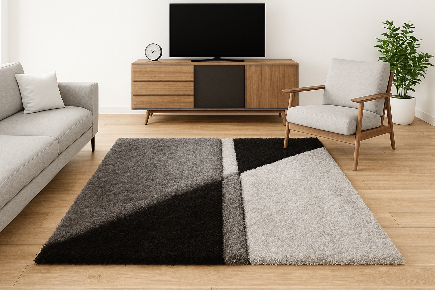 Abstract Tri-Color Shaggy Rug – Black, Grey & Silver Modern Design