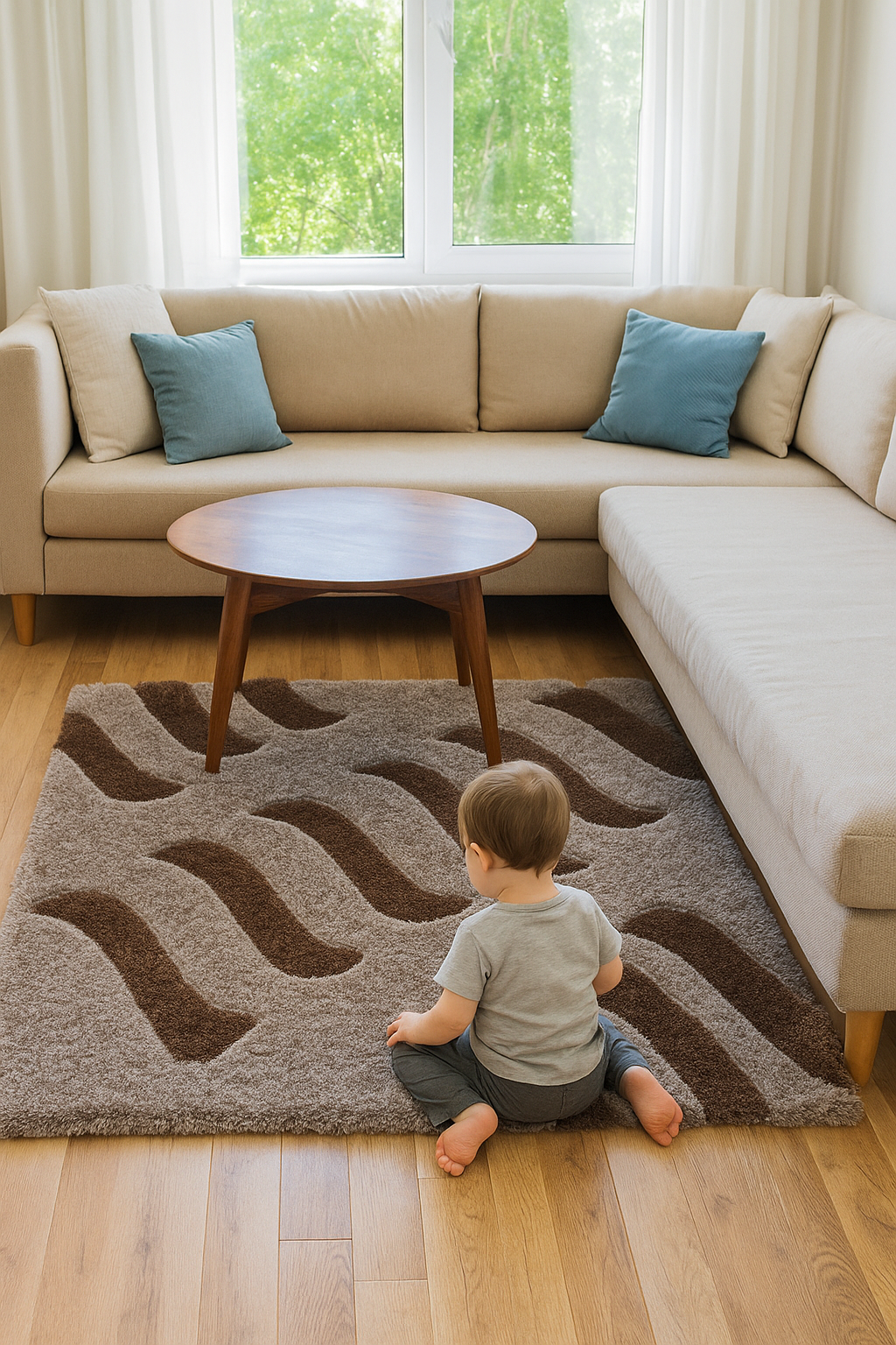 Modern Wave Pattern Shaggy Rug – Soft Brown & Beige Accent Carpet for Living Room or Bedroom