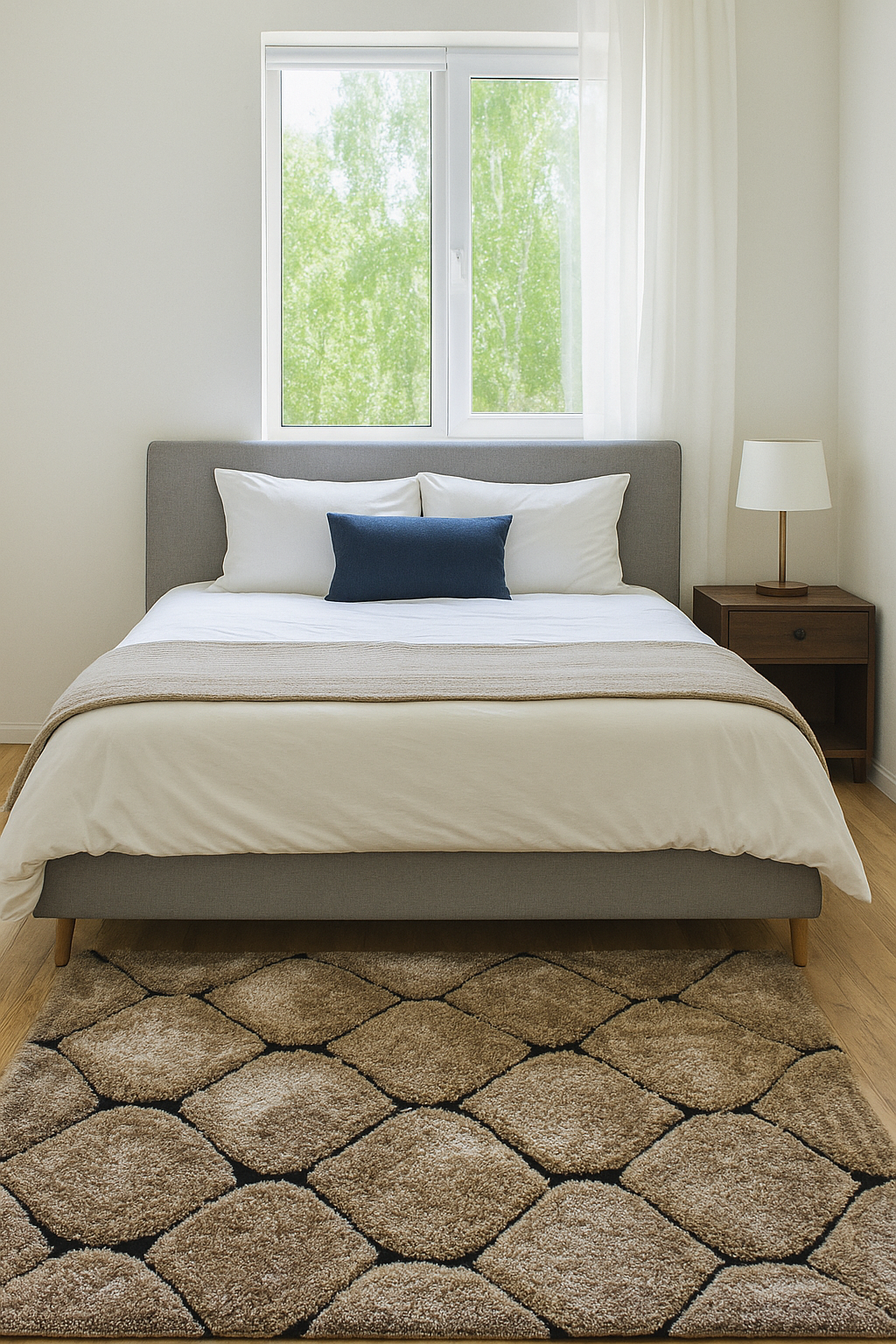 Diamond Lattice Beige Shag Rug – Soft Plush Modern Bedroom Carpet