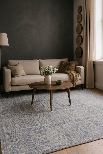 Modern Handwoven Blue & Ivory Geometric Wool Rug – Contemporary Area Carpet for Living Room or Bedroom