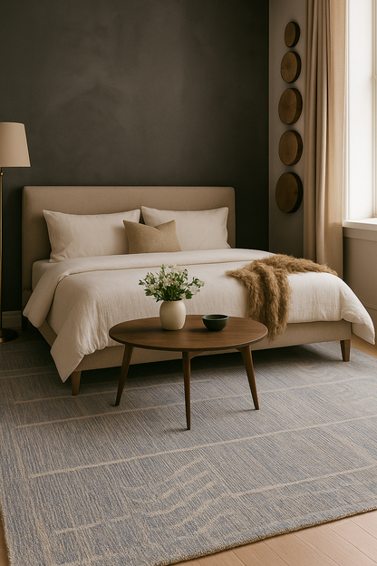 Modern Handwoven Blue & Ivory Geometric Wool Rug – Contemporary Area Carpet for Living Room or Bedroom