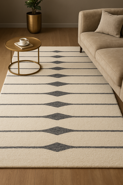 Modern Handmade Wool Area Rug – Ivory & Gray Geometric Carpet for Home Decor