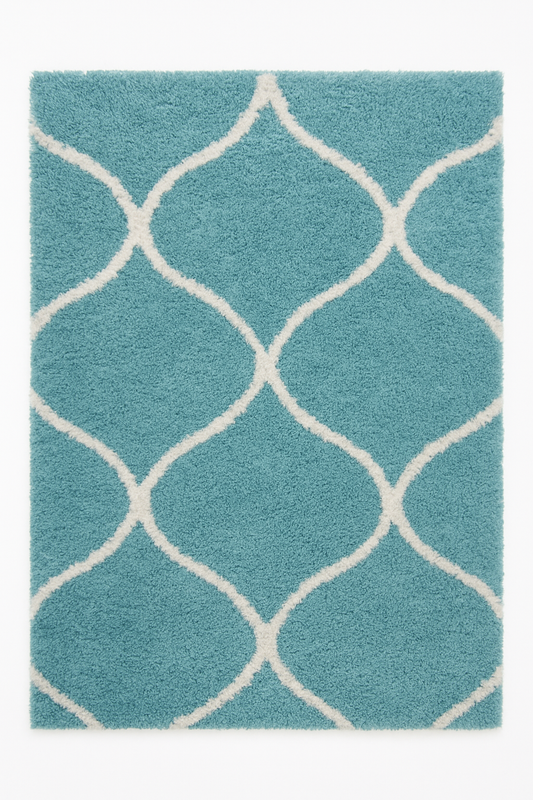 Shaggy rug in aqua blue & white. Soft, plush, and modern – perfect for living rooms, bedrooms, and cozy spaces.
