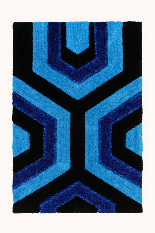 Modern Geometric Area Rug – Plush Blue & Black Statement Design