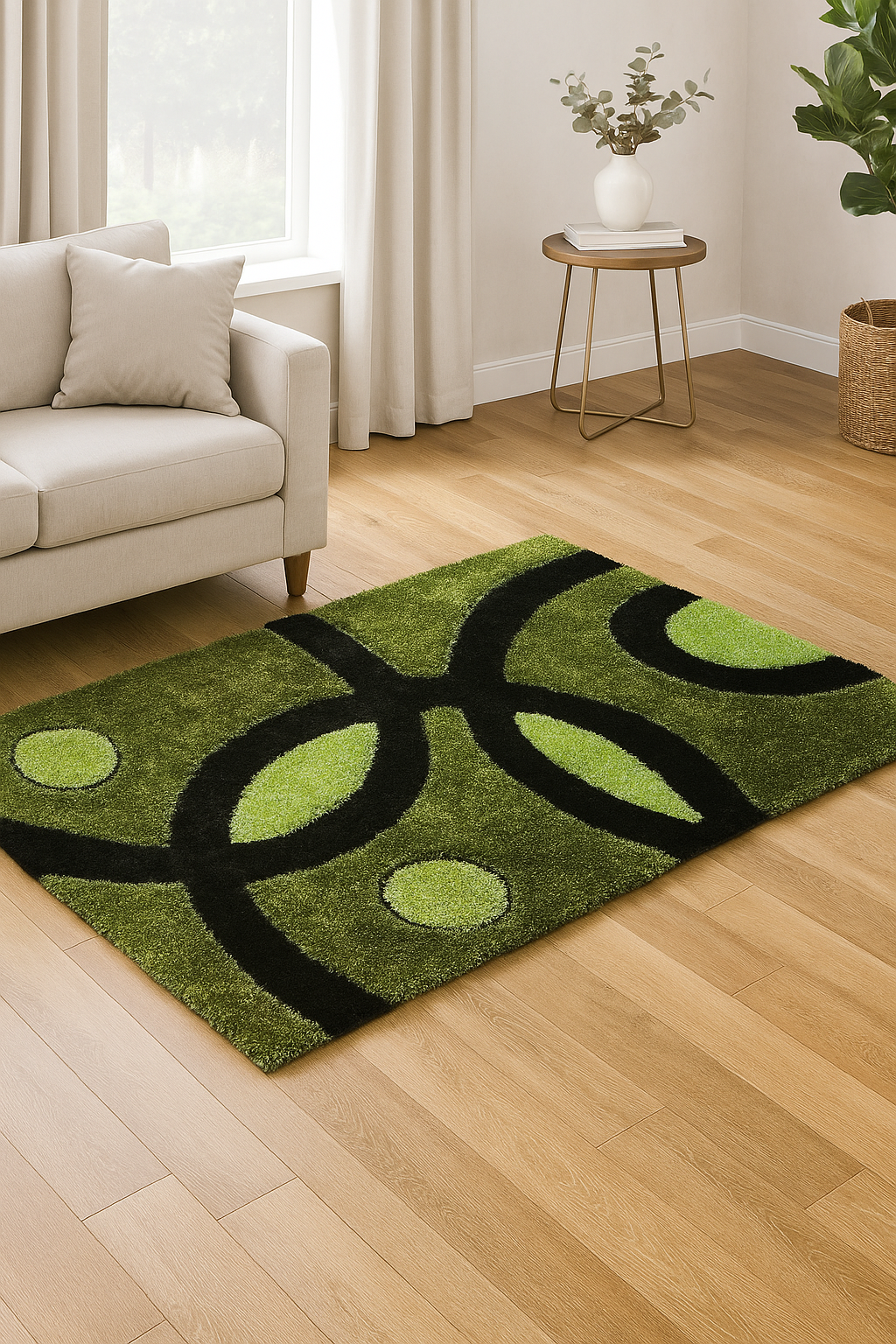 Modern Green Geometric semicircle Shag Rug – Bold Black & Lime Accents