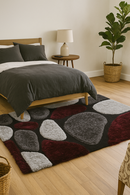 Abstract Pebble Design Shag Rug – Burgundy, Gray & Black Modern Area Carpet