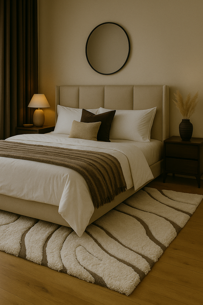 Modern Shaggy Rug in Ivory & Brown – Abstract Wave Pattern, Soft Plush Carpet for Living Room & Bedroom