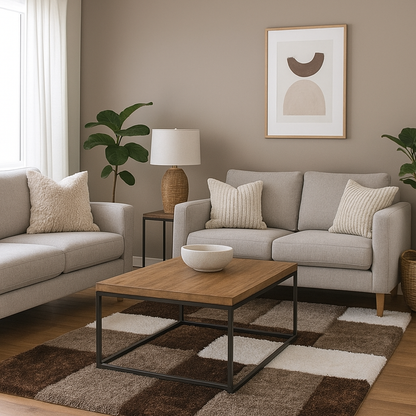 Modern Geometric Block Shaggy Rug – Soft Plush Carpet in Brown, Beige & White for Living Room & Bedroom