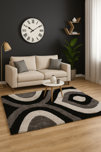 Modern Plush Area Rug with Bold Curves – Grey, Ivory & Black