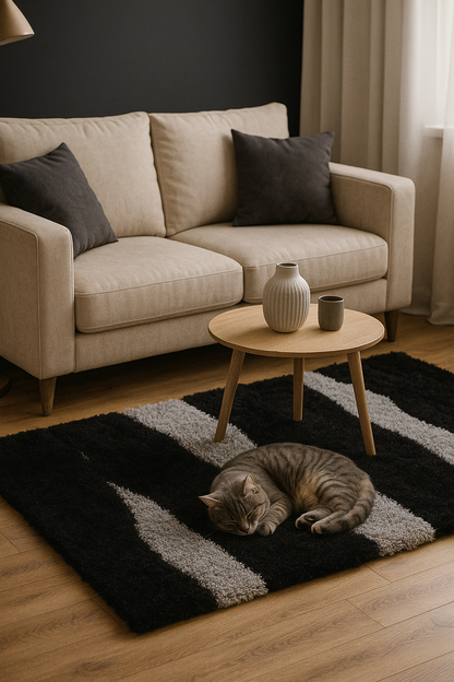 Luxury Modern Shaggy Area Rug with Black, Grey & Silver Wave Stripes – Soft Plush Carpet for Living Room & Bedroom