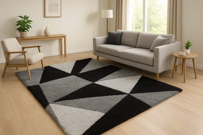Contemporary Geometric Shaggy Area Rug – Soft Black & Grey Abstract Pattern Carpet for Modern Homes