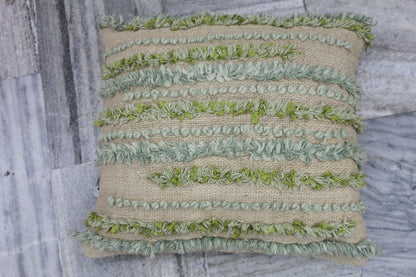 JUTE CUSHION COVER WITH CUSHION HAVING GREEN AND LIGHT BLUE LINE