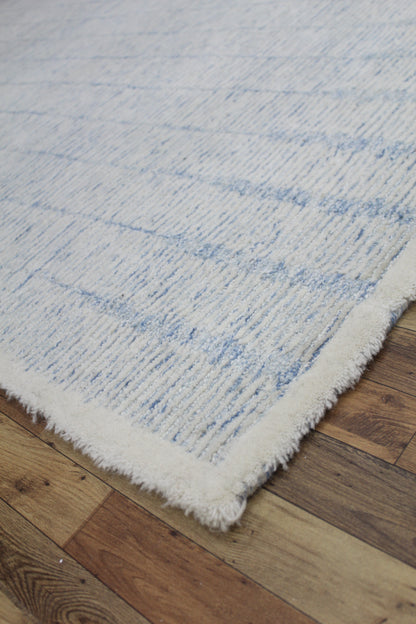 Handmade Blue & Ivory Textured Area Rug – 5x8 Soft Modern Minimalist Carpet for Living Room or Bedroom Decor