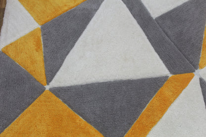 Modern Geometric Shaggy Rug – Mustard Yellow, Grey & White Accent Carpet for Living Room