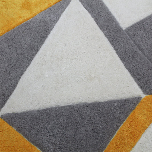 Modern Geometric Shaggy Rug – Mustard Yellow, Grey & White Accent Carpet for Living Room