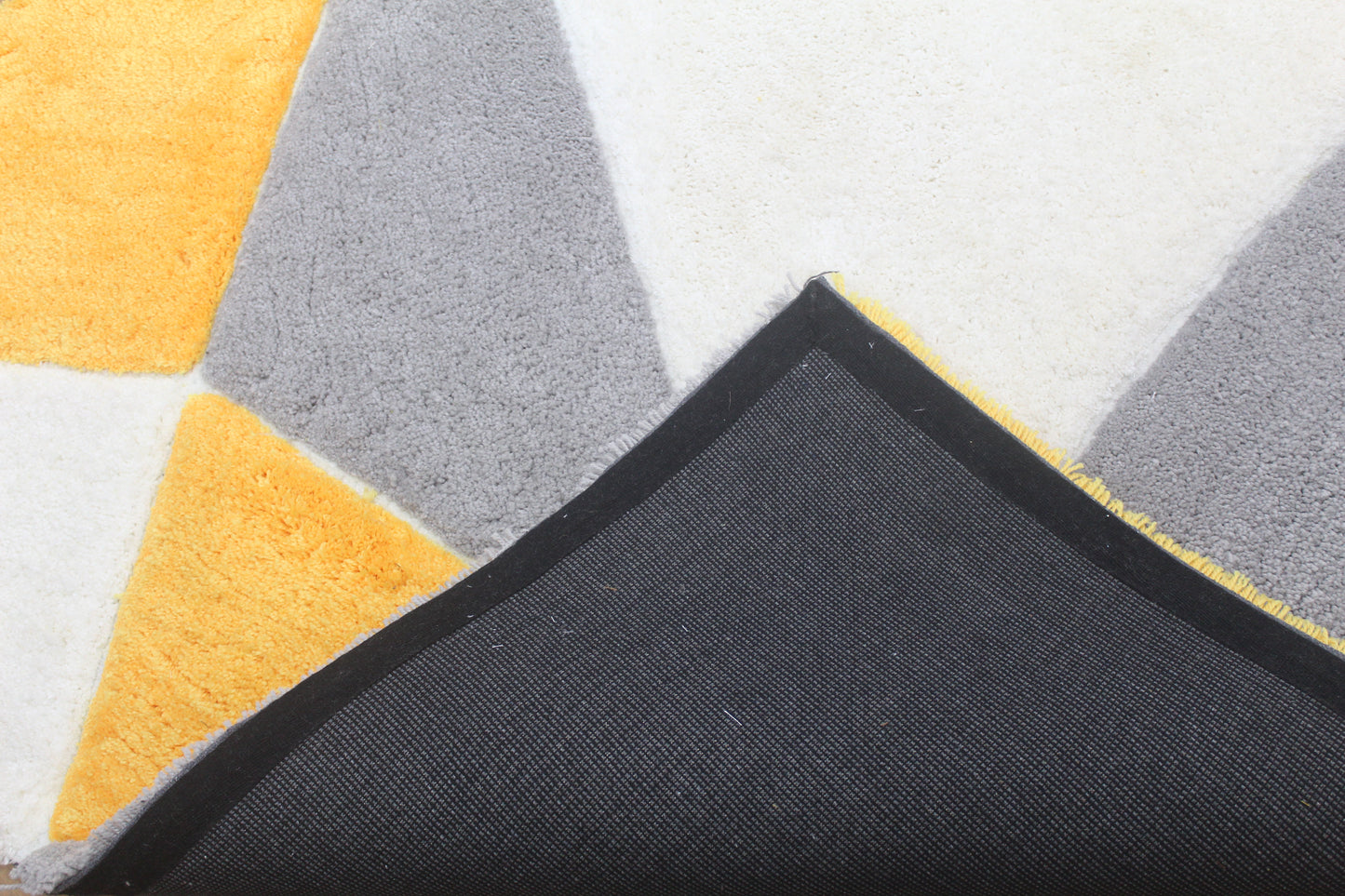 Modern Geometric Shaggy Rug – Mustard Yellow, Grey & White Accent Carpet for Living Room