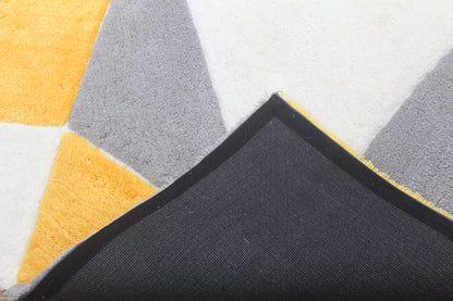 Modern Geometric Shaggy Rug – Mustard Yellow, Grey & White Accent Carpet for Living Room