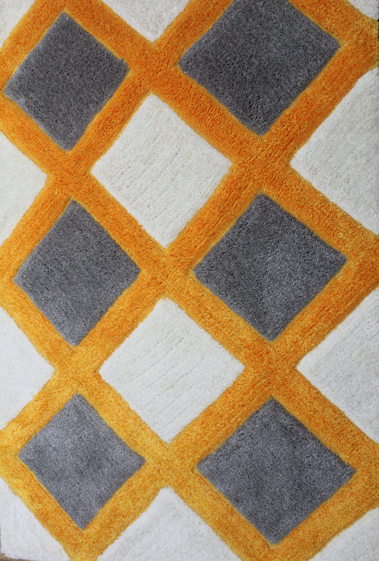 Modern Checkered Area Rug – Mustard Yellow, Grey & White Grid Pattern Carpet