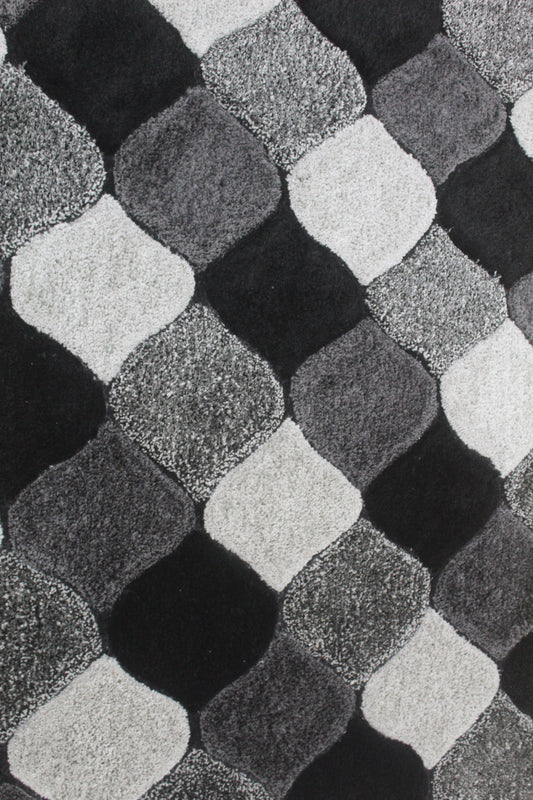 Modern Checkered Shaggy Rug – Black, Grey & White