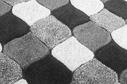 Modern Checkered Shaggy Rug – Black, Grey & White