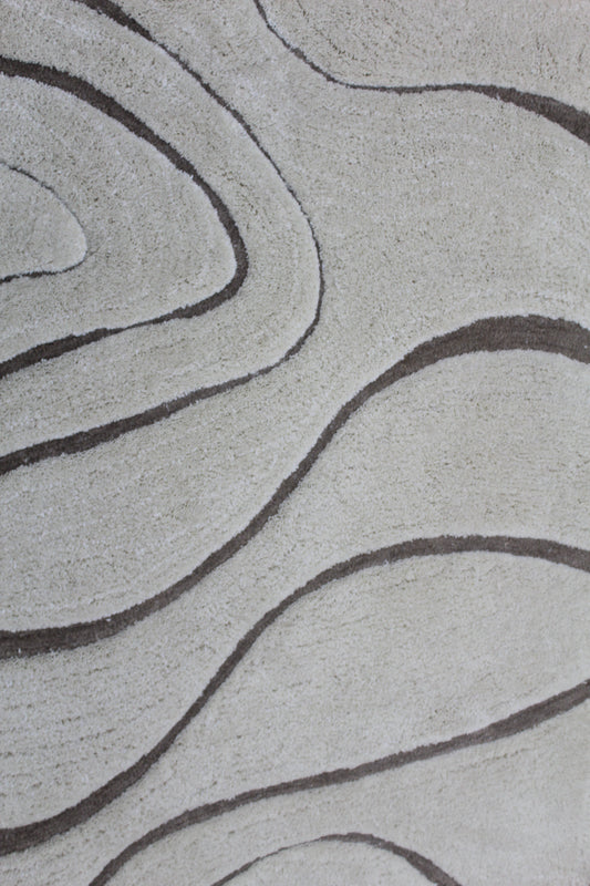 Modern Shaggy Rug in Ivory & Brown – Abstract Wave Pattern, Soft Plush Carpet for Living Room & Bedroom