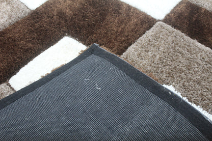 Modern Geometric Block Shaggy Rug – Soft Plush Carpet in Brown, Beige & White for Living Room & Bedroom