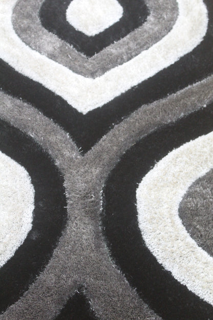 Modern Plush Area Rug with Bold Curves – Grey, Ivory & Black