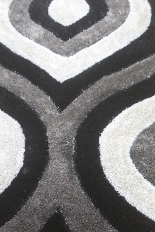 Modern Plush Area Rug with Bold Curves – Grey, Ivory & Black