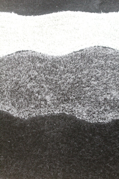 Luxury Modern Shaggy Area Rug with Black, Grey & Silver Wave Stripes – Soft Plush Carpet for Living Room & Bedroom