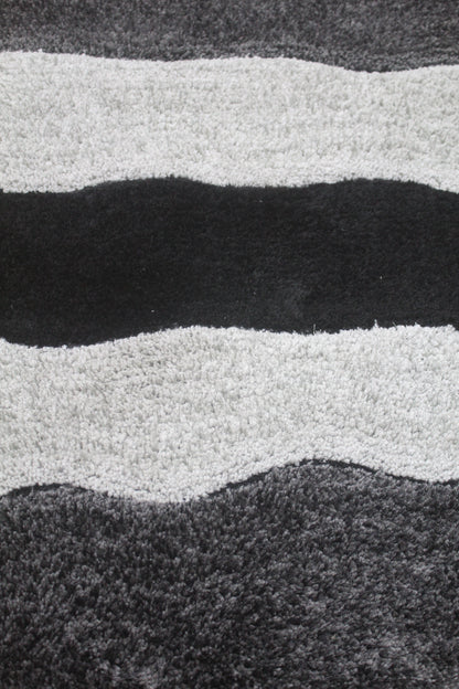 Luxury Modern Shaggy Area Rug with Black, Grey & Silver Wave Stripes – Soft Plush Carpet for Living Room & Bedroom