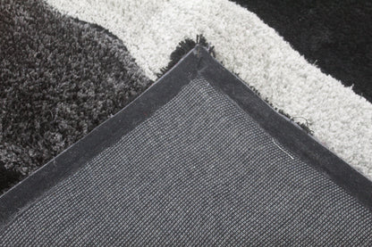 Luxury Modern Shaggy Area Rug with Black, Grey & Silver Wave Stripes – Soft Plush Carpet for Living Room & Bedroom